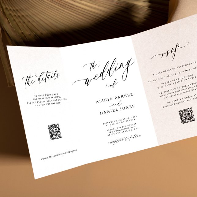 Convite Com Dobra Tripla Simples script elegante Casamento branco RSVP QR (Criador carregado)