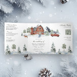 Convite Com Dobra Tripla Snowy Red Barn Winter Christmas Código QR Casament<br><div class="desc">Incêndios para seus convidados com este elegante convite de casamento temático do país, com um belo celeiro e neve coberto de pinheiros com cartão RSVP online. Basta adicionar os detalhes do seu evento neste modelo fácil de usar e adorar este cartão com as suas fotografias favoritas para o tornar um...</div>