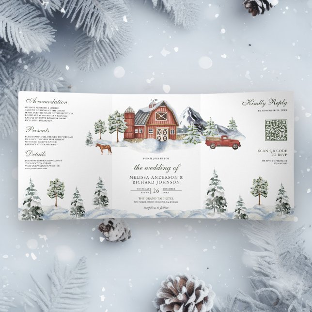 Convite Com Dobra Tripla Snowy Red Barn Winter Christmas Código QR Casament (Criador carregado)