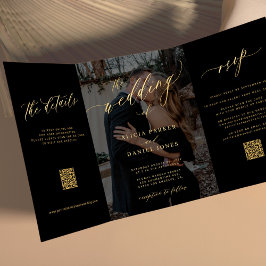 Convite Com Dobra Tripla Sobreposição de fotos dourado preto RSVP detalhes 