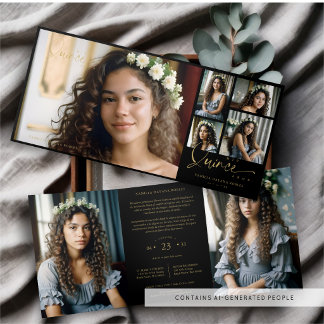 Convite Com Dobra Tripla Spanish Black Trendy Quinceañera Collage 7 Photos