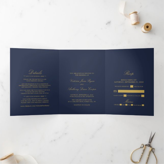Convite Com Dobra Tripla Suíte de Casamento Azul e Dourado com Marinho Eleg (Dentro)