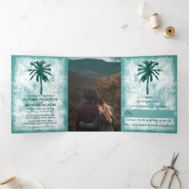Convite Com Dobra Tripla Suíte de Casamento de Palma Tropical de Praia