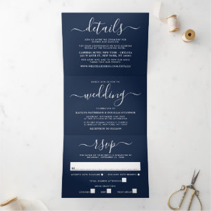 Convite Com Dobra Tripla Suite de Casamento Simples de Script Azul e Branco