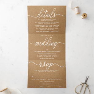 Convite Com Dobra Tripla Suíte de Casamento Simples de Script Kraft Rustic