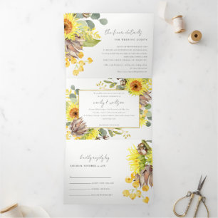 CONVITE COM DOBRA TRIPLA SUNFLOWER EUCALYPTUS WATERCOLOR FLORAL WEDTING