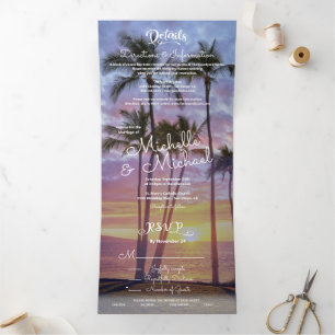 Convite Com Dobra Tripla Sunset Tropical Palm Tree