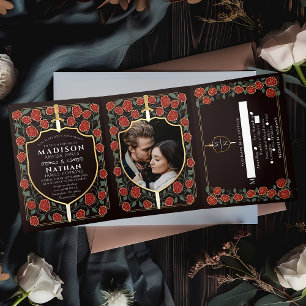 Convite Com Dobra Tripla Sword & Shield Medieval Fantasy Casamento Monogram