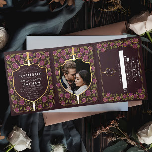 Convite Com Dobra Tripla Sword & Shield Medieval Fantasy Casamento Monogram