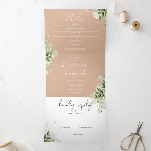 Convite Com Dobra Tripla Tan Modern Botanical Greenery Foto Casamento (Dentro)