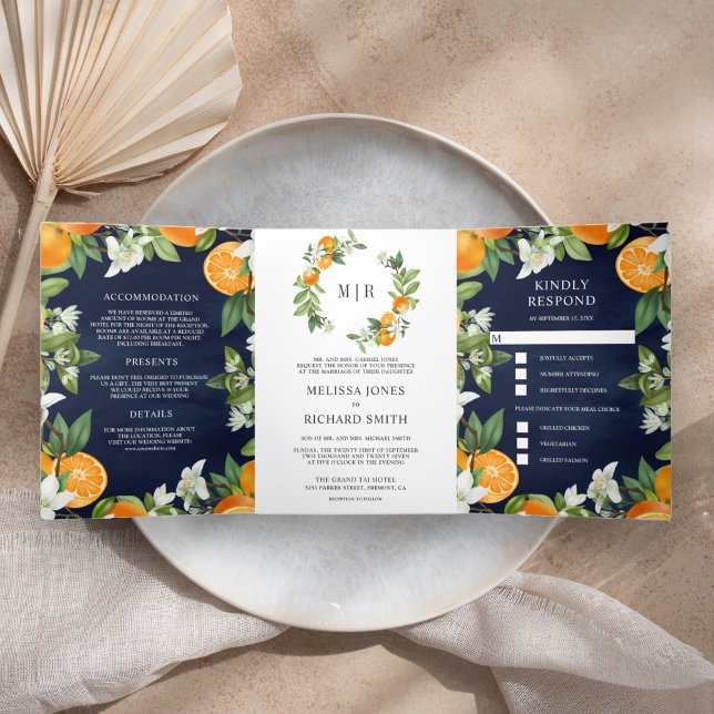 Convite Com Dobra Tripla Tangerine Citrus Orange All in One Marinho Weding (Criador carregado)