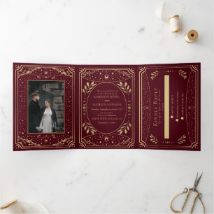 Convite Com Dobra Tripla Tarot Vintage Dourado Borgonha Casamento Gótico