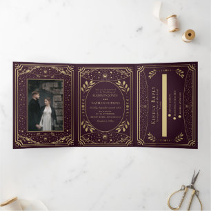 Convite Com Dobra Tripla Tarot Vintage Dourado Borgonha Casamento Gótico