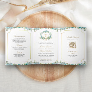 Convite Com Dobra Tripla Teal Floral Dourada Católica Cruzada QR Casamento