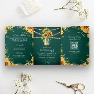 Convite Com Dobra Tripla Teal Green Sunflower Mason Jar Código QR Casamento