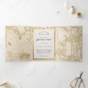 Convite Com Dobra Tripla Tema Látea Carruagem Castela Dourada Liteira