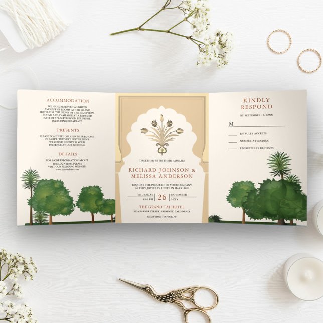Convite Com Dobra Tripla Tema Real Jardim Mughal Casamento Estilo Indiano (Criador carregado)