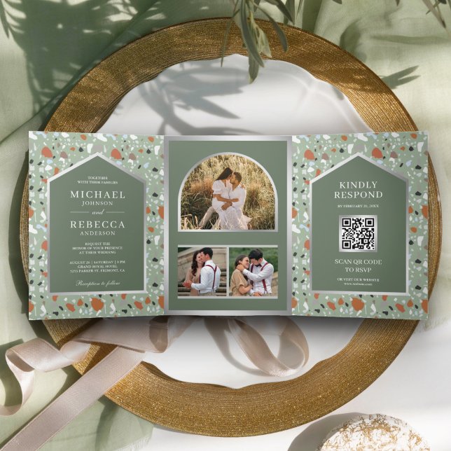 Convite Com Dobra Tripla Terra Verde Oliva Azulejo Terrazzo Código QR Casam (Criador carregado)