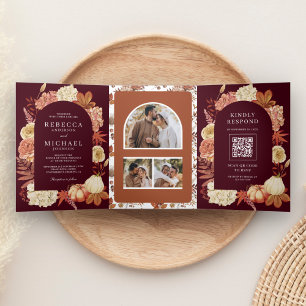 Convite Com Dobra Tripla Terracota Abóbora Floral Código QR Borgonha Casame