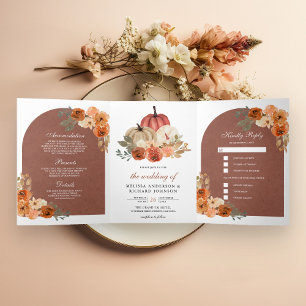 Convite Com Dobra Tripla Terracota Arco Terroso Floral Abóbora Casamento