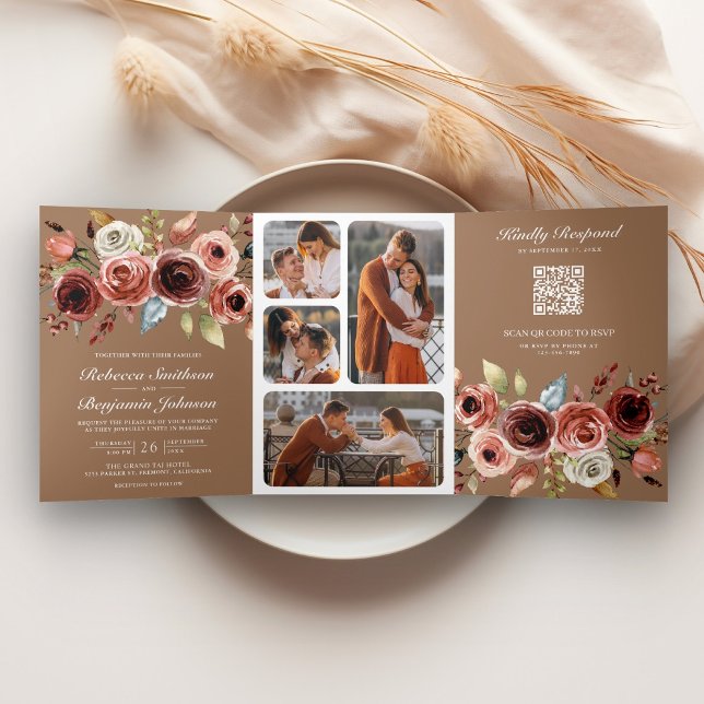 Convite Com Dobra Tripla Terracota Código QR Floral Bege Marrom Casamento (Criador carregado)