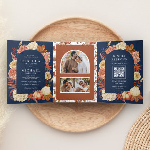 Convite Com Dobra Tripla Terracota Código QR Floral de Abóbora Casamento Az
