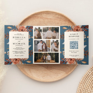 Convite Com Dobra Tripla Terracota Creme Código QR Floral Casamento Azul Em