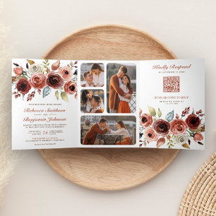 Convite Com Dobra Tripla Terracota Floral Aquarela Código QR Foto Casamento
