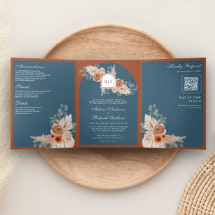 Convite Com Dobra Tripla Terracota Floral Azul Poeirento Código QR Casament