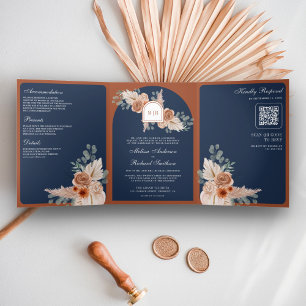 Convite Com Dobra Tripla Terracota Floral Pampas Azul Marinho Código QR Cas