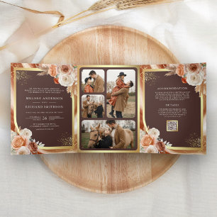Convite Com Dobra Tripla Terracota Floral Pampas Café Castanho Casamento