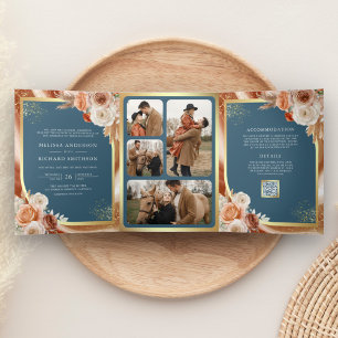 Convite Com Dobra Tripla Terracota Floral Pampas Dourado Azul Empolado Casa