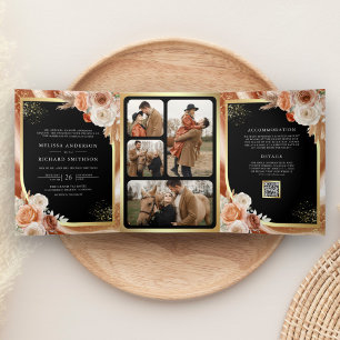 Convite Com Dobra Tripla Terracota Floral Pampas Dourado Preto Casamento