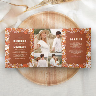 Convite Com Dobra Tripla Terracota Laranja Groovy Casamento de Flor Silvest