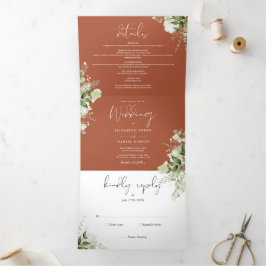 Convite Com Dobra Tripla Terracota Moderno Botânico Folhagem Foto Casamento