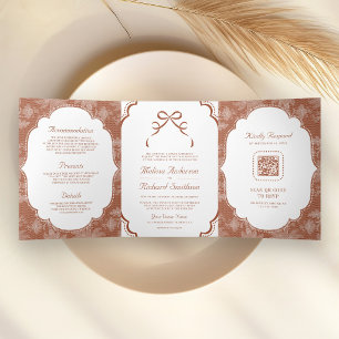 Convite Com Dobra Tripla Terracotta Branco Laço Coquette Arco Código QR Cas