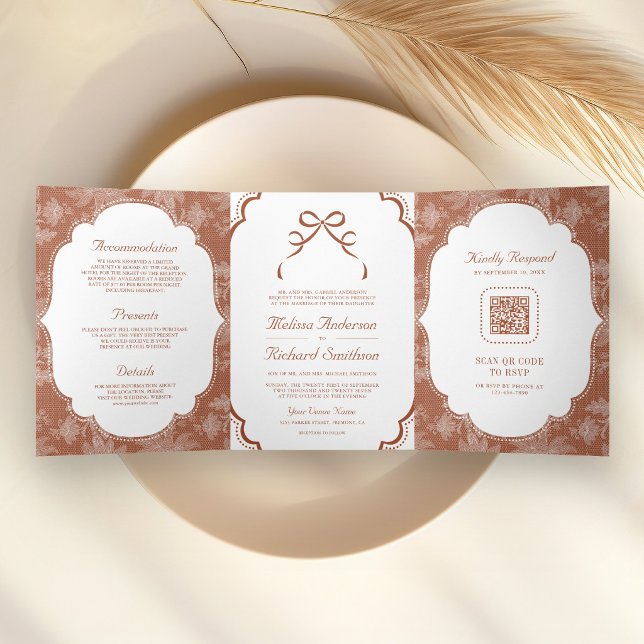 Convite Com Dobra Tripla Terracotta Branco Laço Coquette Arco Código QR Cas (Criador carregado)