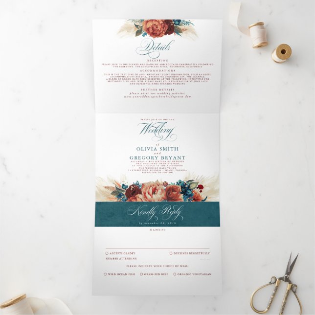 Convite Com Dobra Tripla Terracotta e Teal Blue Elegant Boho Wedding (Dentro)