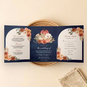 Convite Com Dobra Tripla Terracotta Floral Abóbora Azul Marinho Casamento