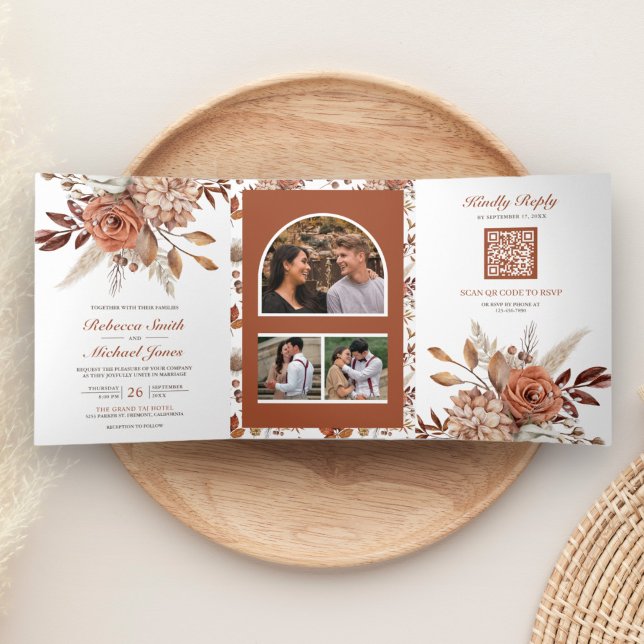 Convite Com Dobra Tripla Terracotta Floral All in One QR Code Wedding (Criador carregado)
