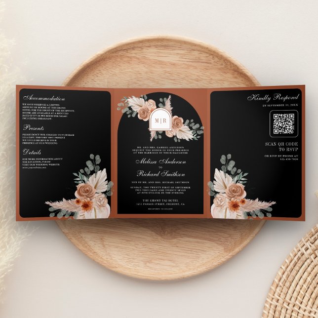 Convite Com Dobra Tripla Terracotta Floral Pampas Black QR Code Wedding (Criador carregado)