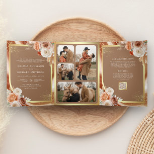 Convite Com Dobra Tripla Terracotta Floral Pampas Dourado Casamento Beige