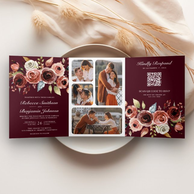 Convite Com Dobra Tripla Terracotta Floral QR Code Burgundy Wedding (Criador carregado)