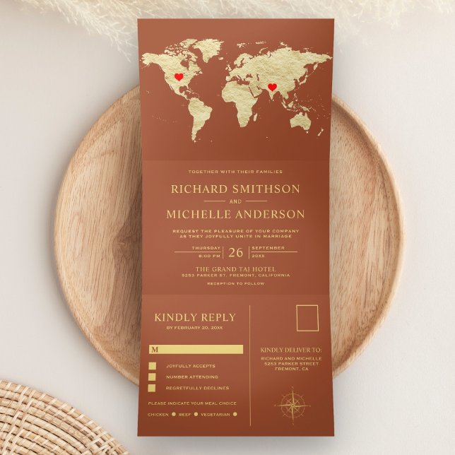 Convite Com Dobra Tripla Terracotta Gold World Map All in One Wedding (Criador carregado)