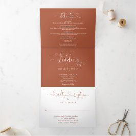 Convite Com Dobra Tripla Terracotta Heart Script Wedding