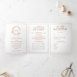 Convite Com Dobra Tripla Terracotta Leafy Crest Monograma Casamento