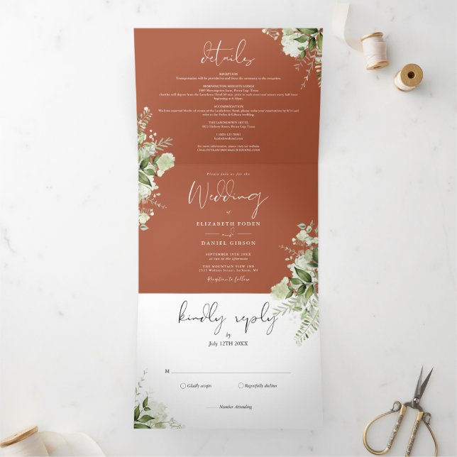 Convite Com Dobra Tripla Terracotta Modern Botanical Greenery Foto Casament (Dentro)