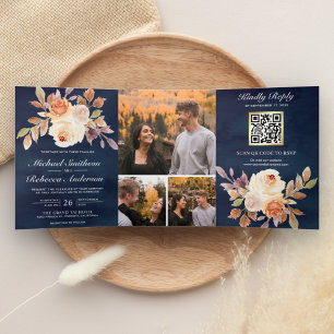 Convite Com Dobra Tripla Terroso Marfim Floral Azul Naval Código QR Casamen