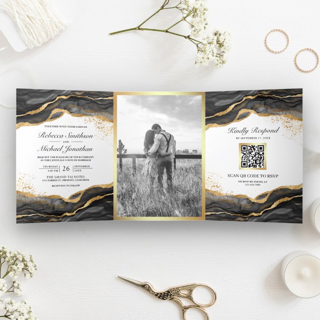 Convite Com Dobra Tripla Tinta Abstrata Código QR Casamento Ouro Preto (Criador carregado)