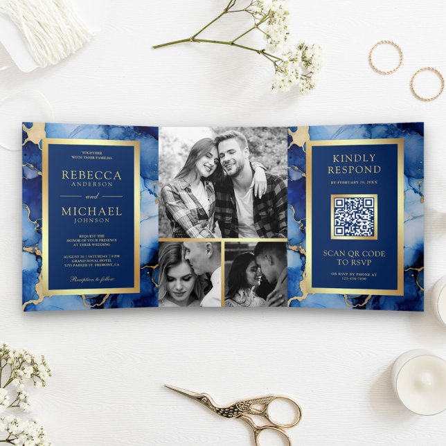 Convite Com Dobra Tripla Tinta Fluida Dourada Azul Real Código QR Casamento (Criador carregado)